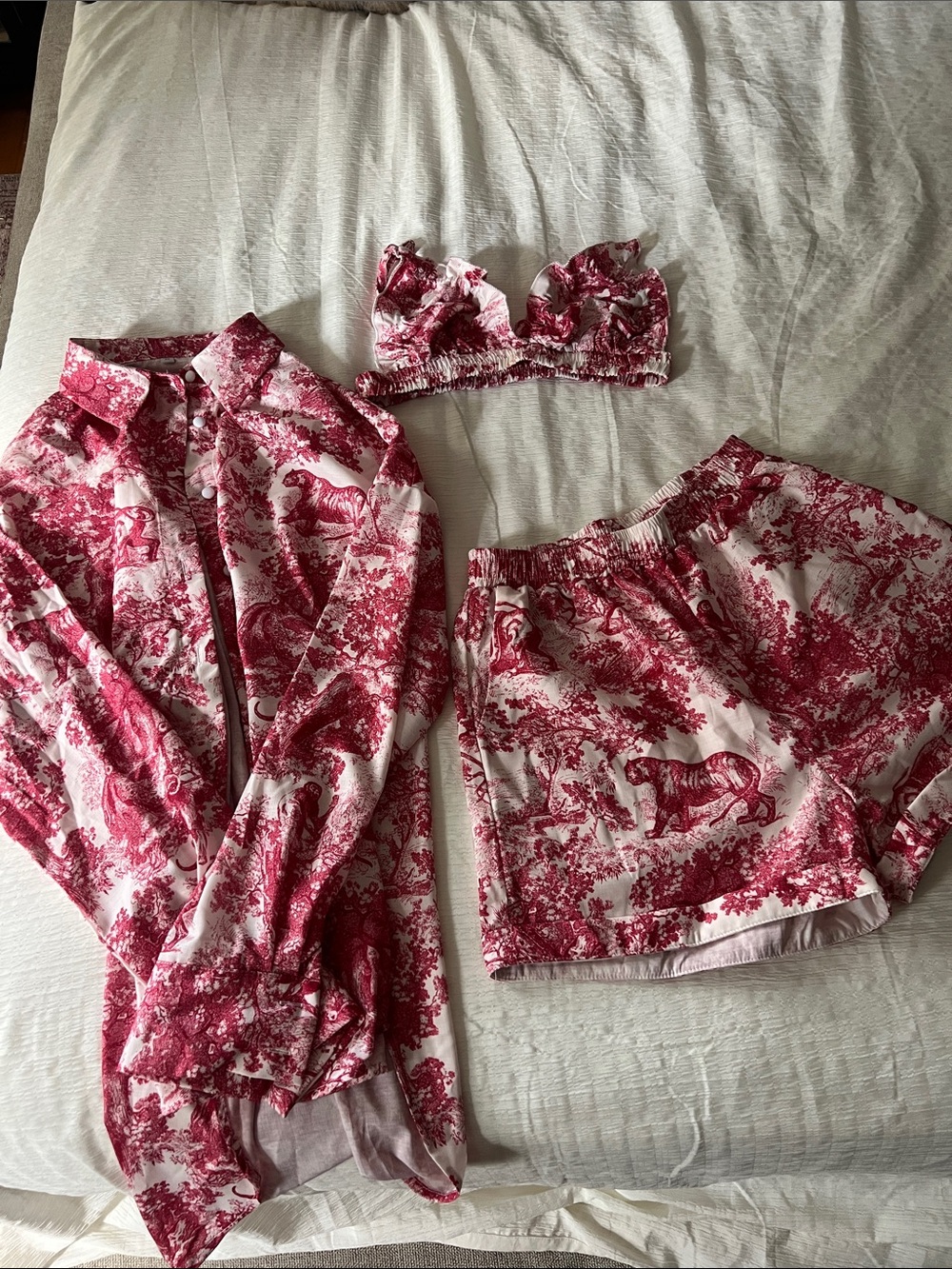 Red Toile Print Satin Sleep Set - Bralette, Shirt & Shorts